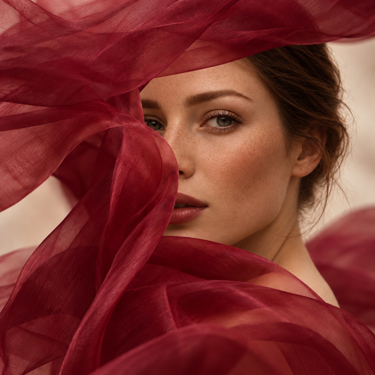 Briela Media. A woman's face half hidden behind flowing burgundy fabric