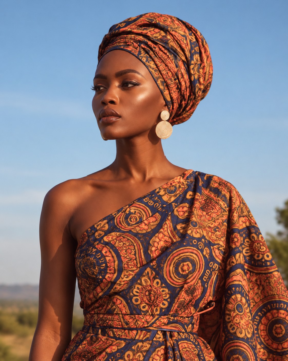 Portrait of a woman in a patterned headwrap and one-shoulder dress
